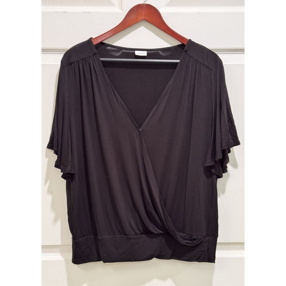 Lascana Women's Black V-Neck Flutter Short Sleeve Faux Wrap Blouse Size US 12-14